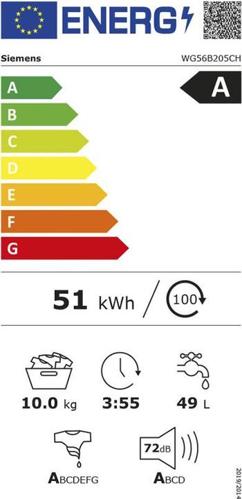 Etichetta energetica Siemens WG56B205CH (10 kg, A sinistra)
