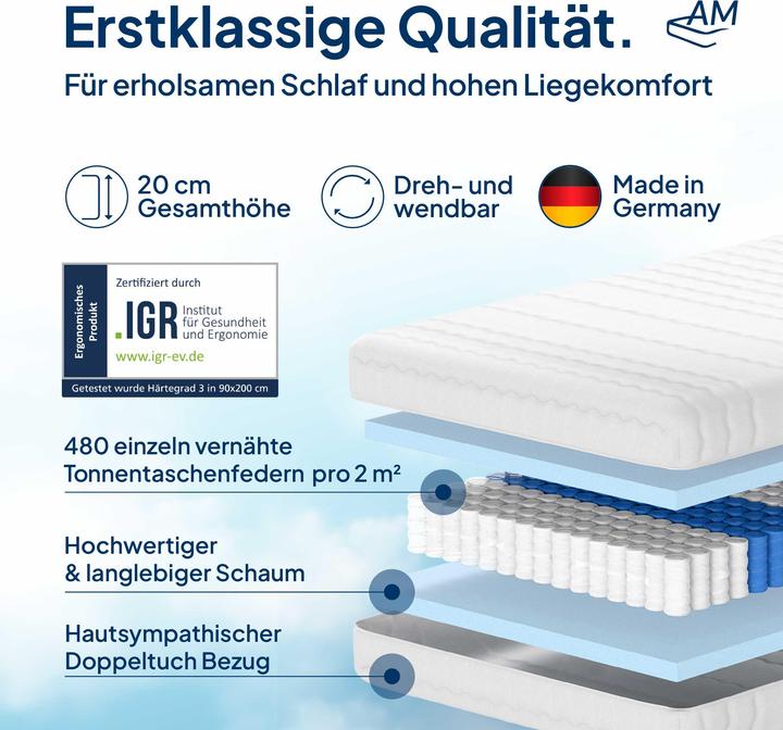 Immagine prodotto AM Qualitätsmatratzen Orthopädische 7-Zonen Taschenfederkernmatratze (120 x 200 cm, Nucleo della molla)