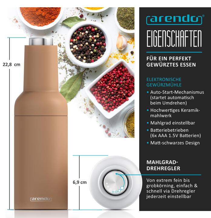 Produktbild Arendo Salzmühle & Pfeffermühle 2er Set, Salz und Pfeffer Mühle elektrisch, einhändig, Batteriebetrieben (Salz, Pfeffer)