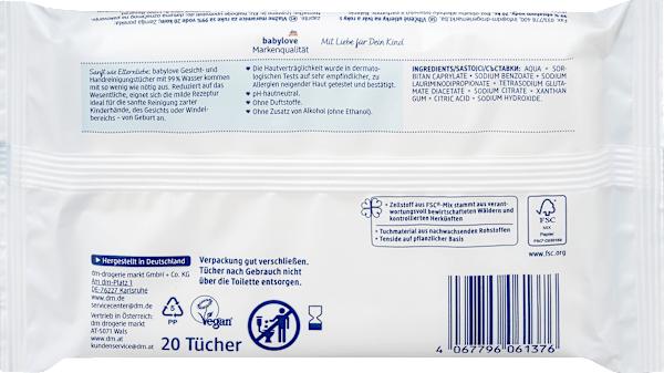 Nutritional values and ingredients dm babylove Hand cleaning wipes (20 Piece)