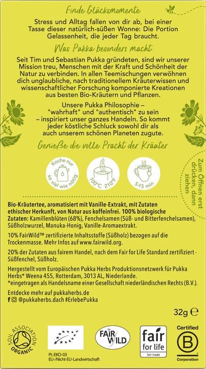 Valori nutrizionali e ingredienti Pukka Camomilla, vaniglia e miele di Manuka (32 g)