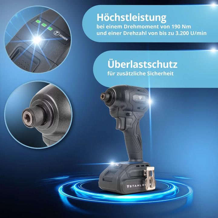 Produktbild Stahlwerk 20 V Akku Drehschlagschrauber 190 Nm 3200 U/min Brushless-Technologie 1/4" Hex-Bithalter