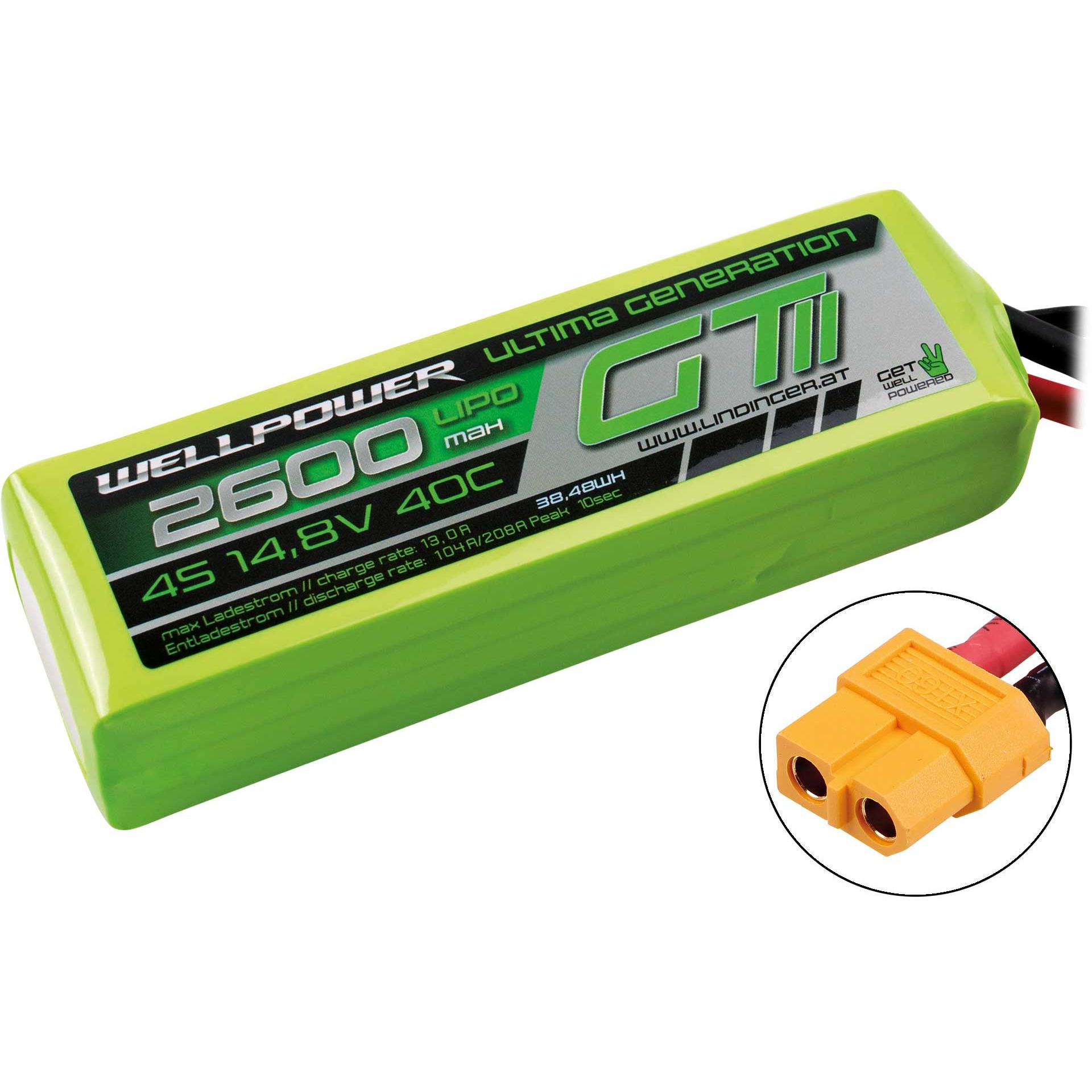Thumbnail - Wellpower LIPO AKKU ULTIMA GT II 2600 mAh / 14,8 Volt 4S 40/80C CH5/8 XT-60 (14.80 V, 2600 mAh)
