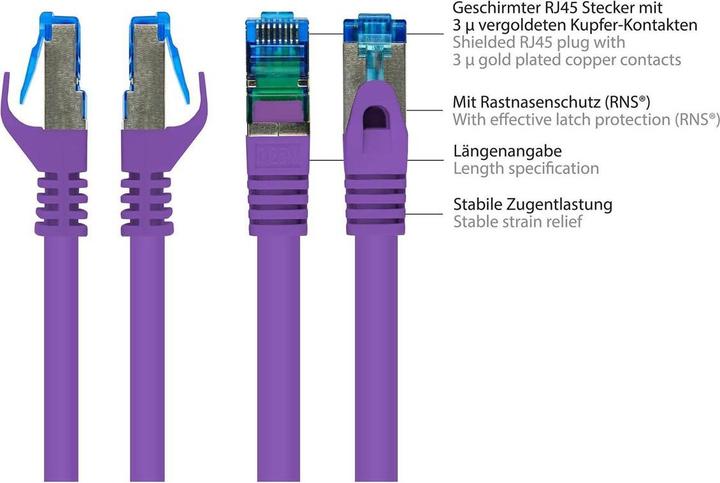 Produktbild Good Connections RNS® Patchkabel mit Rastnasenschutz, Cat. 6A, S/FTP, PiMF, halogenfrei, 500MHz, violett, 0,25m (S/FTP, CAT6a, 0.25 m)