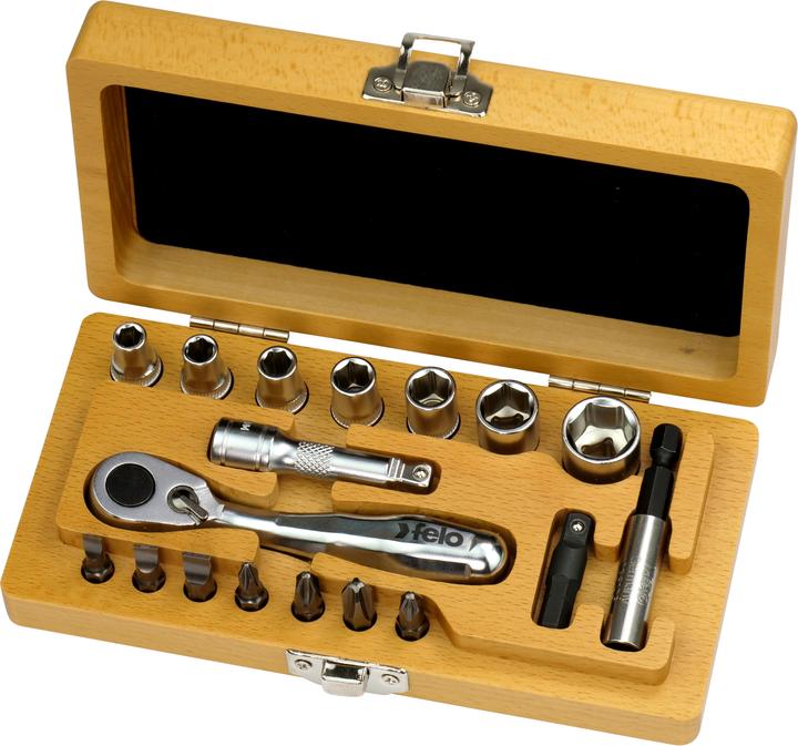 Produktbild Felo XS-Classic 1/4 Holz-Werkzeugbox mit Miniratsche,Bits und Stecknüssen, 18-teilig