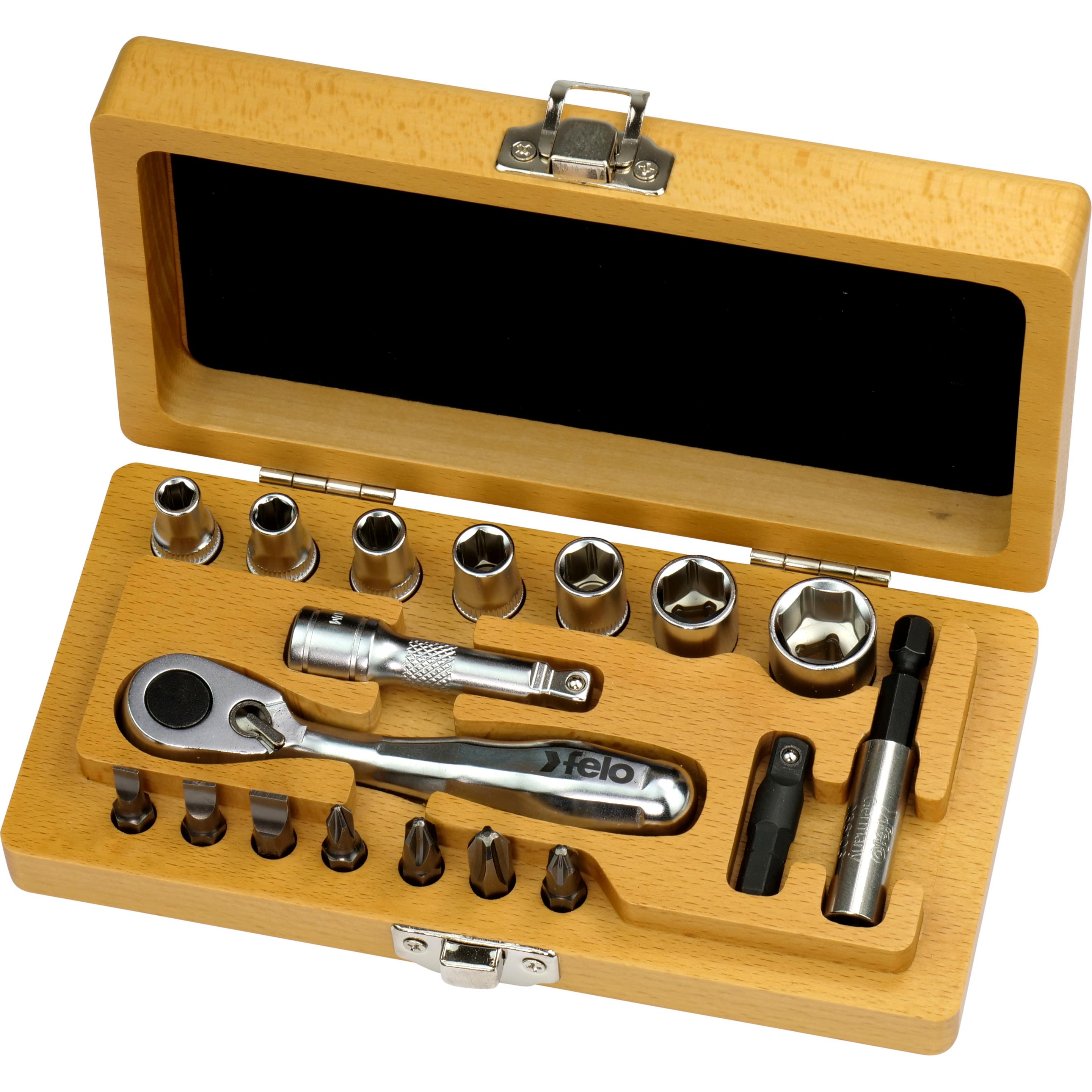 Felo, Steckschlüssel + Stecknuss, XS-Classic 1/4 Holz-Werkzeugbox mit Miniratsche,Bits und Stecknüssen, 18-teilig (10 mm...
