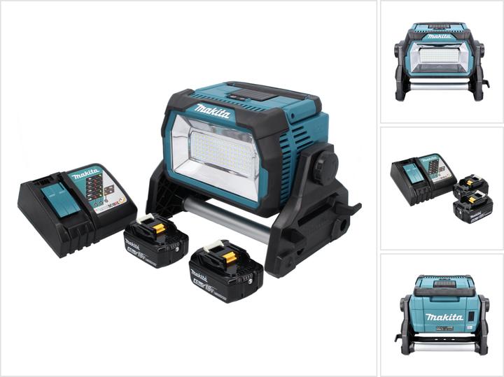 1x Makita DML 809 Akku LED Baustrahler, 2x Makita BL 1840 B 18 V 4,0 Ah Akku, 1x Makita DC 18 RC Akku Schnell Ladegerät 7,2 V - 18 V, 1x Netzwerkkabel