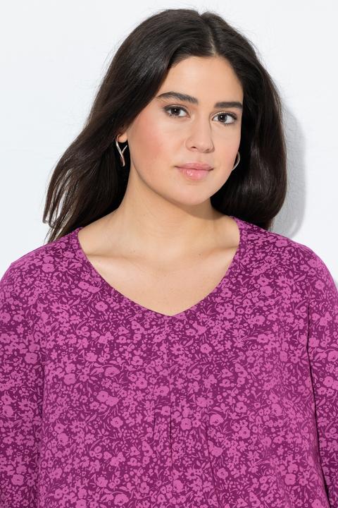 Immagine prodotto Ulla Popken Maglia dal taglio svasato con fiori, pieghe decorative, scollo a V e maniche a 3/4 (46, 48)