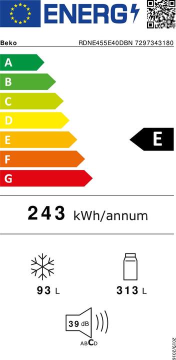 Energie-Label Beko RDNE455E40DBN Flügeltürkühlschrank Kapazität 455 (406 l)