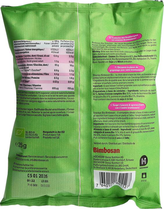 Nutritional values and ingredients Bimbosan Snackys (25 g)