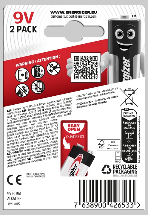 Actual product image Energizer Max (2 pcs., 9V Block, 625 mAh)