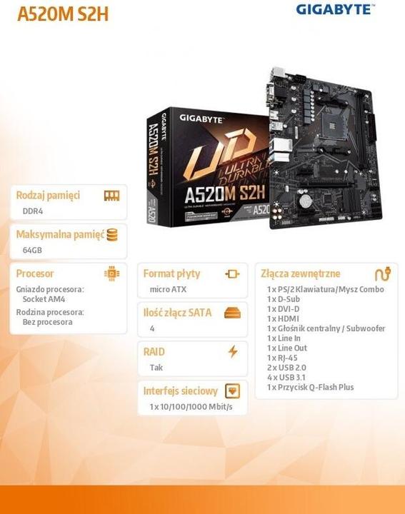 Image du produit Gigabyte A520M S2H (AM4, AMD A520, mATX)