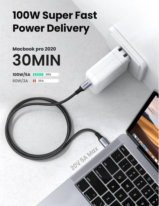 Image du produit Ugreen US316 Type C to Type C Cable, 100W, 3m (black) (3 m, USB 2.0)