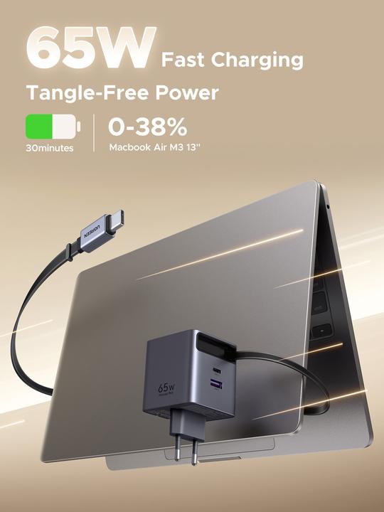Actual product image Ugreen Wall GaN Charger- Retractable Cable (65 W, 3 ports)