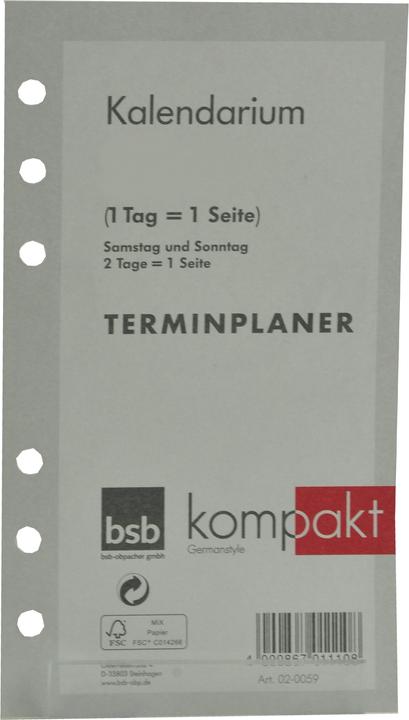 Produktbild BSB-Obpacher Kalendarium für Timer ca. A6 1Tag/1Seite (A6)