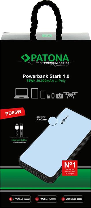 Produktbild Patona Powerbank USB-C/ Ligh. 65W 20000 (20000 mAh, 65 W, 74 Wh)