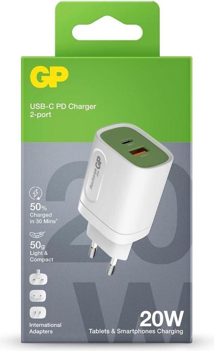 Produktbild GP Batteries Ladestecker inkl. Adapter für EU,CN und UK (20 W, 2 Ports)
