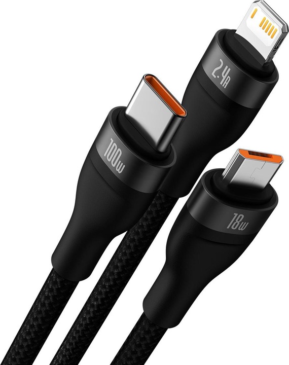 Produktbild Baseus 3in1 USB cable Flash Series, USB-C + micro USB + Lightning, 100W, 1.2m (black) (1.20 m, USB 3.2 Gen 1)