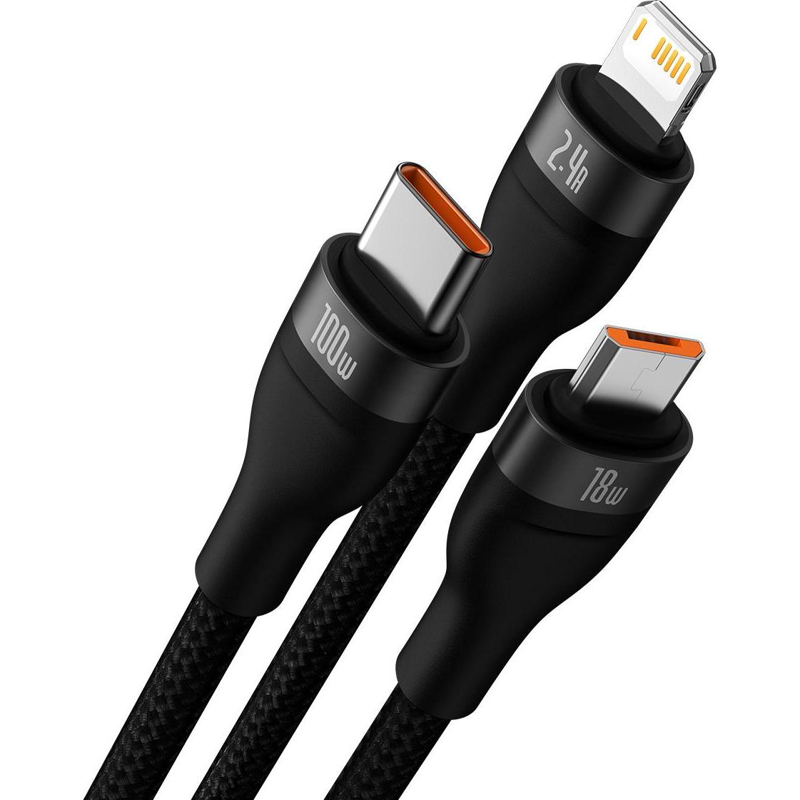 Thumbnail - Baseus 3in1 USB cable Flash Series, USB-C + micro USB + Lightning, 100W, 1.2m (black) (1.20 m, USB 3.2 Gen 1), USB Kabel
