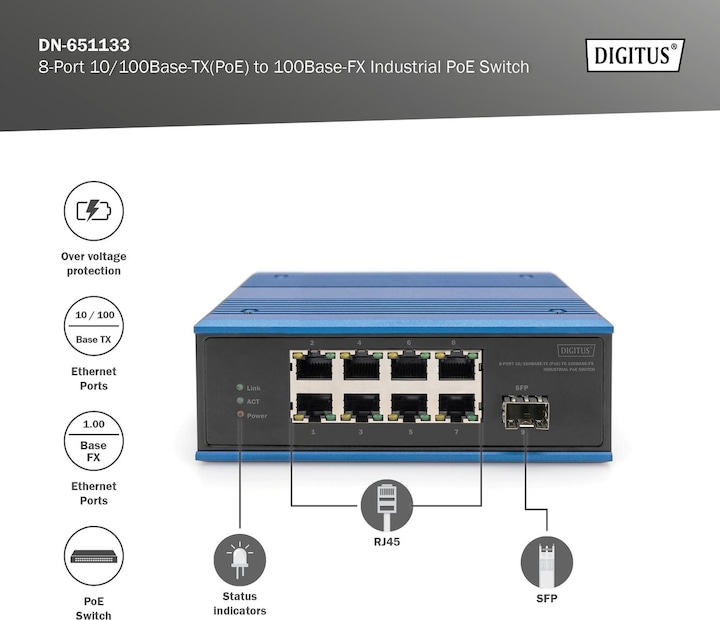 Produktbild Digitus 8-Port 10/100Base-TX(PoE) to 100Base-FX Industrial PoE Switch (8 Ports)