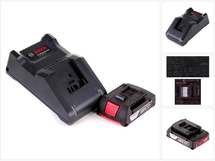 1x Bosch GBA 18V 2.0 Ah battery, 1x Bosch GAL 18V-40 charger