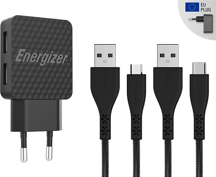 Energizer Lifetime Wall Charger USB-C + Micro-USB Cable (2m) black (12 W)