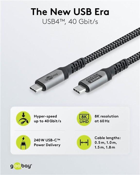 Produktbild Goobay USB-C Cable with Textile Sheath, USB4, 240 W, 40 Gbit/s, Power Delivery, 1 m, Black, Grey (1 m, USB 4.0, 240 W)