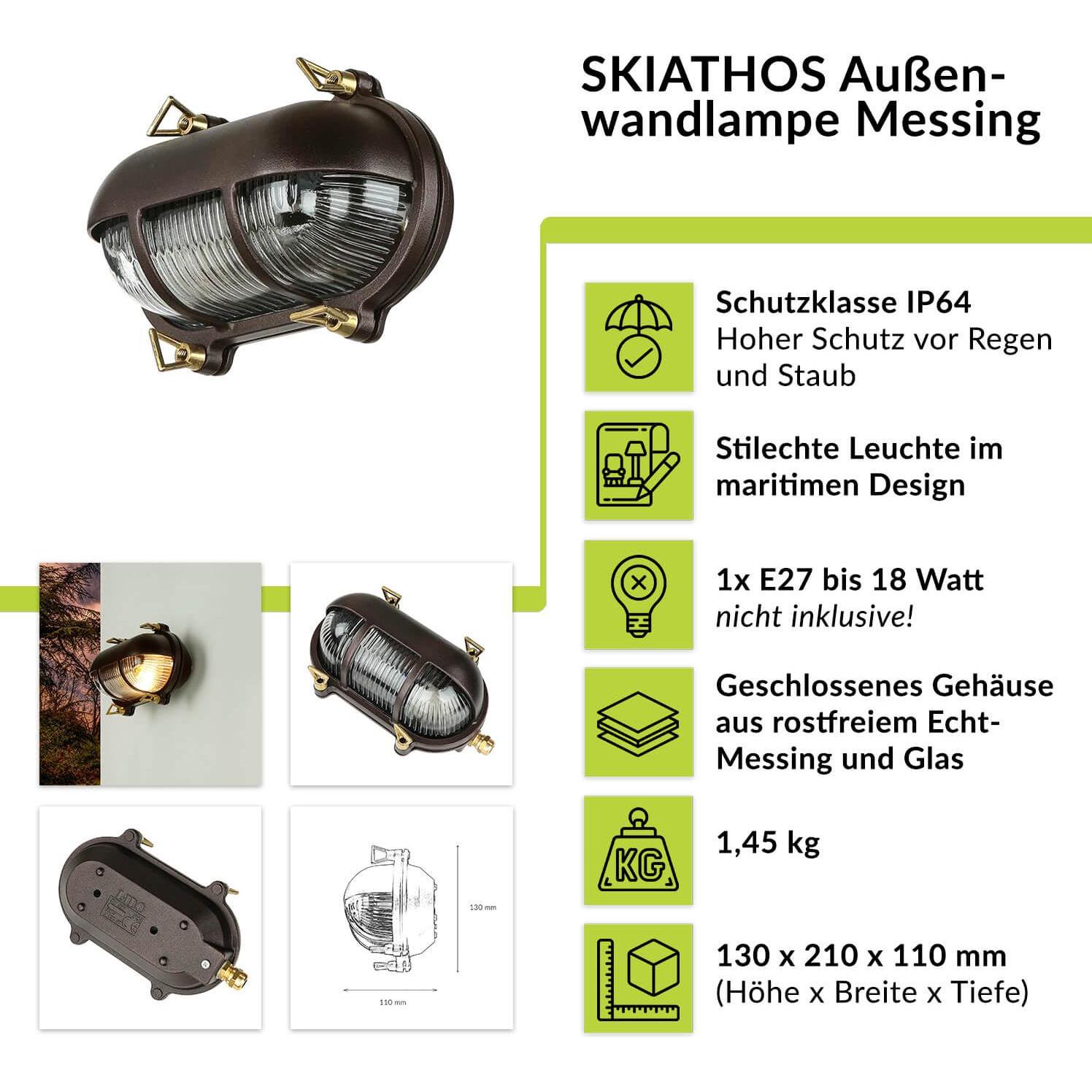 Thumbnail - Licht-Erlebnisse, Gartenbeleuchtung, Wandlampe Skiathos Messing (E27, IP64)