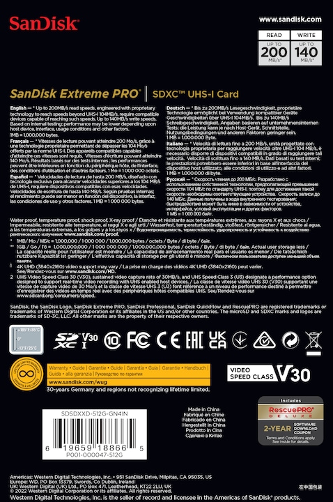 Produktbild SanDisk Extreme PRO UHS-I V30 (512 GB, SDXC, U3, UHS-I)