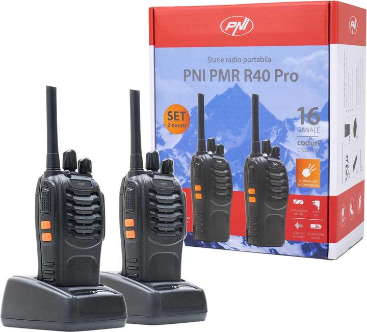 Produktbild PNI Tragbares Radio PMR R40 PRO, Set mit 2 Stück, 0,5 W, 16 programmierbaren Kanälen, 16 PMR- und 50 (10 km)