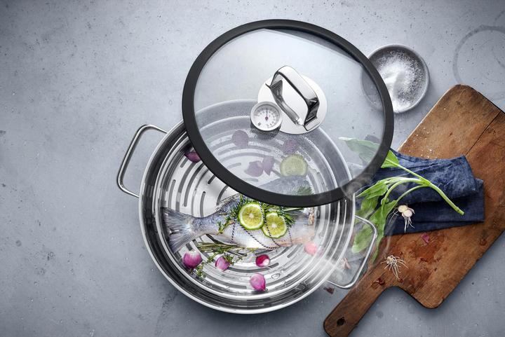 Produktbild WMF Kochtopf Dampfgarer rund 28cm Glasdeckel Silikonrand Vitalis Edelstahl