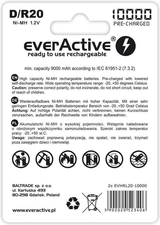 Produktbild Everactive Rechargeable Batteries R20/D Ni-MH 10000 mAh ready to use - Batterie - Mono (D) (1 Stk., D, 10000 mAh)