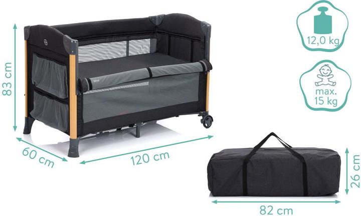 Image du produit Fillikid Lit d'appoint de voyage Cadiz noir avec finition bois (60 x 120 cm)