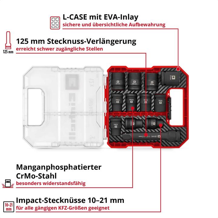 Produktbild Einhell Impact Stecknuss-Set, 109283, 12-teilig (19 mm, 12 mm, 14 mm, 16 mm, 10 mm, 21 mm, 18 mm, 17 mm, 11 mm, 15 mm, 13 mm)