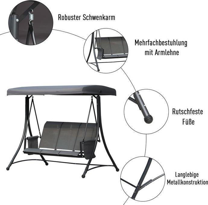 Image du produit Swisshandel24 Balançoire hollywoodienne 3 places, balançoire de jardin avec toit solaire, banc de balançoire avec