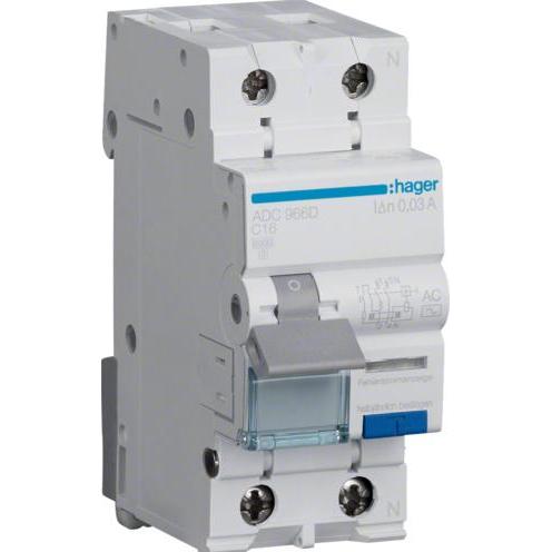 Hager, Schutzschalter, FI-SCHUTZSCHALTER 1P+N 6KA C (ADC966D)