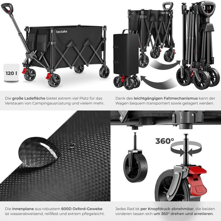 Produktbild tectake Bollerwagen RollRider faltbar, Teleskopgriff, Profilräder