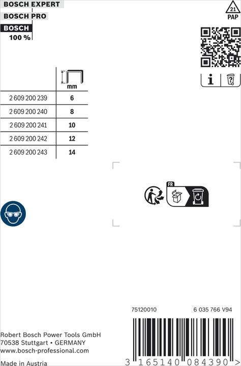 Produktbild Bosch Professional Zubehör Feindrahtklammer Typ 59, 10,6 x 0,72 x 6 mm, 1000er-Pack