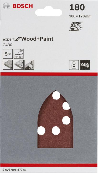Image du produit Bosch Professional Zubehör Feuille abrasive C430, 100 x 170 mm, 180, 8 trous, auto-agrippant, paquet de 5 (180)