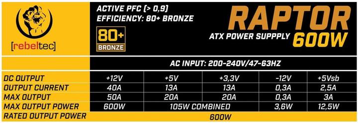 Produktbild Rebeltec ATX Netzteil RAPTOR 600W BRONZE 80+ Single Rail DC-DC (600 W)