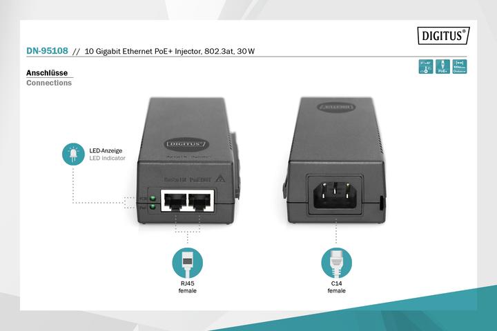 Produktbild Digitus 10 Gigabit Ethernet PoE+ Injektor, 802.3at, 30 W (802.3af (PoE), 802.3at (PoE+), 30 W)