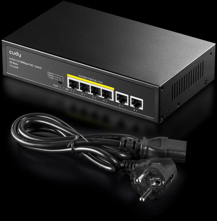 Actual product image Cudy FS1006P network switch Fast Ethernet (10/100) Power over Ethernet (PoE) Black (6 ports)