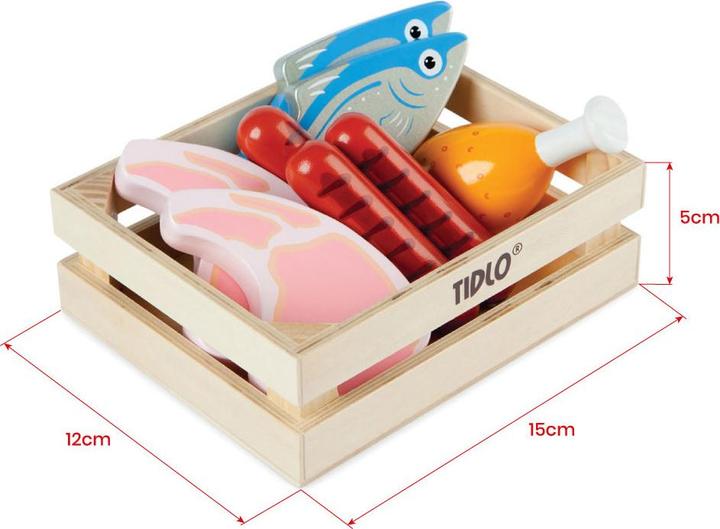 Actual product image Bigjigs Tidlo wooden play food meat and fish in box, 8 pieces.