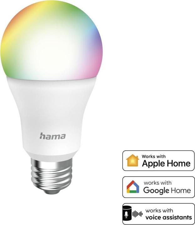 Produktbild Hama Smarte WLAN-LED-Lampe, E27, Matter, 9W, RGBW, für Sprach-/App-Steuerung (E27, 806 lm, 1 x)