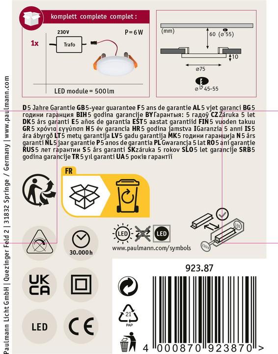 Produktbild Paulmann Einbaupanel Veluna VariFit (500 lm)