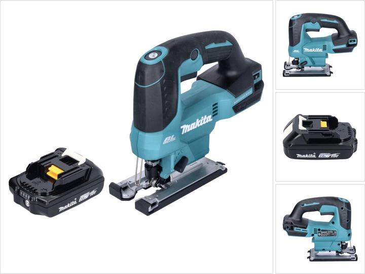 1x Makita DJV 184 accu-pendeldecoupeerzaag, 1x kunststof schuifblok (457867-1), 1x decoupeerzaagblad B-50 hout (B-06460), 1x Makita BL 1820 B 18 V 2,0 Ah accu, zonder oplader
