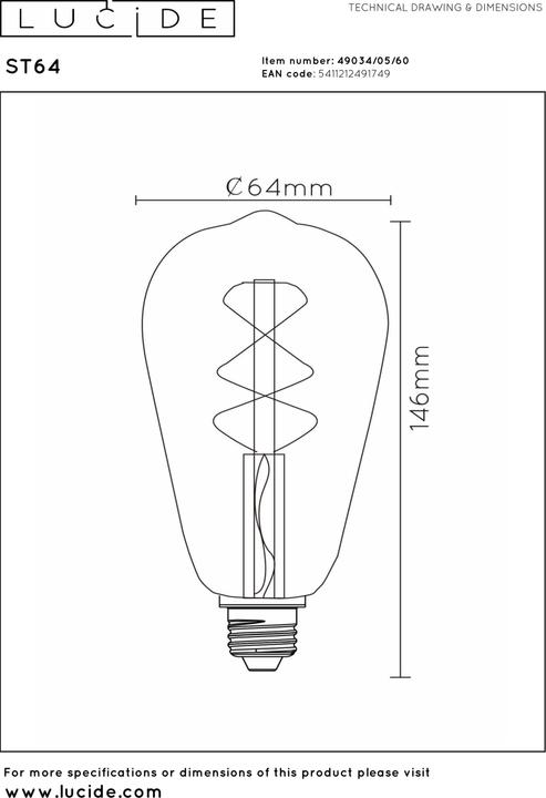Produktbild Lucide ST64 - Glühfadenlampe - Ø 6,4 cm - LED Dim. - E27 - 1x4,9W 2700K - Transparent 49034/05/60 (E27, 460 lm, 1 x)