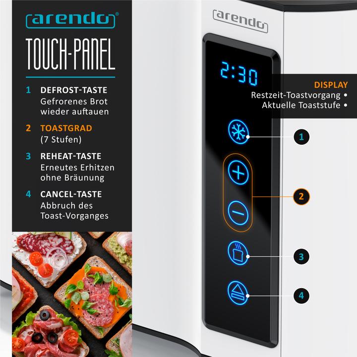 Produktbild Arendo Toaster Edelstahl 2 Scheiben Kurzschlitz, Touchpanel, Brötchenaufsatz, Display mit Restzeitanzeige