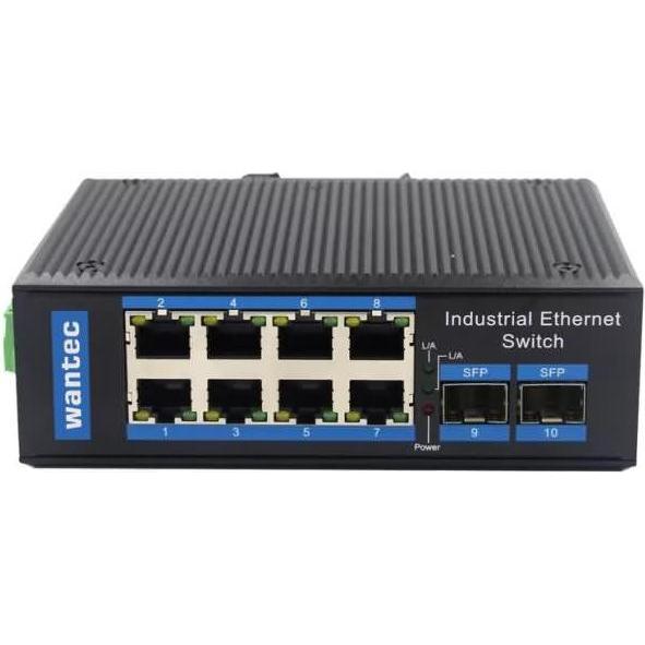 Wantec Switch Indus. PoE Fiber Ethernet für Huts. 8Port+2SFP (8 Ports), Netzwerk Switch, Blau, Schwarz