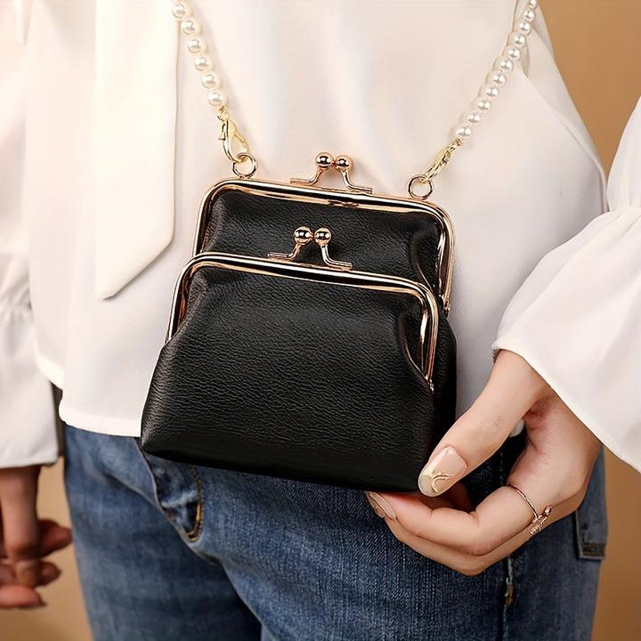 Only-Bags.Store Doppelte Kiss-Lock-Layer-Tasche, klassische Retro-Schultertasche, Kunstleder-Crossbody-Tasche